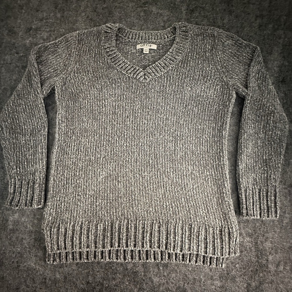 Orvis Womens Small Super Soft Dark Gray‎ Chenille Tunic Pullover V-Neck Sweater